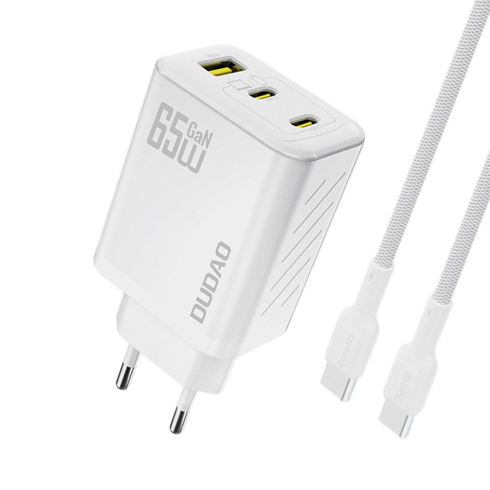 Dudao 65W GaN vægoplader med USB-C-, USB-A- og USB-C-kabel - Hvid