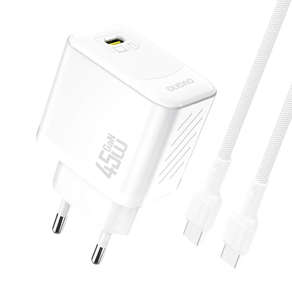 Dudao 45W GaN-vægoplader med USB-C og USB-C-kabel - hvid