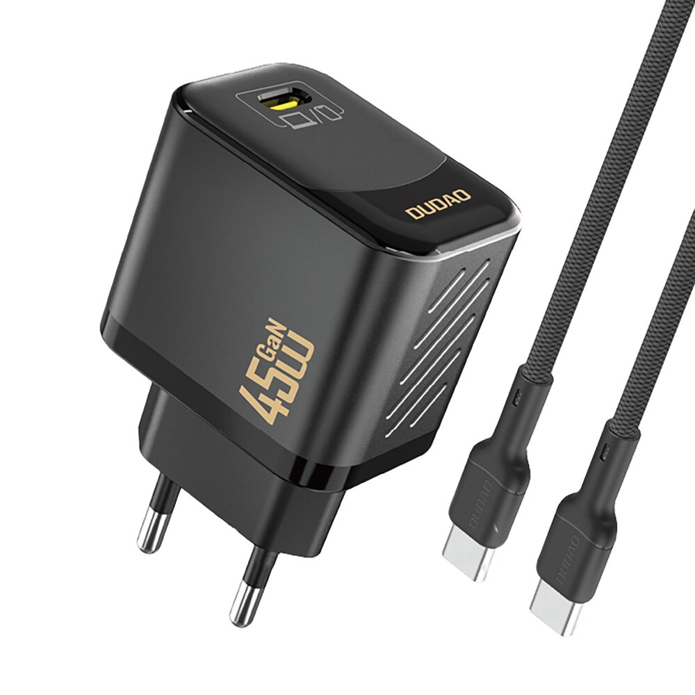 Dudao 45W GaN vægoplader med USB-C og USB-C-kabel - Sort
