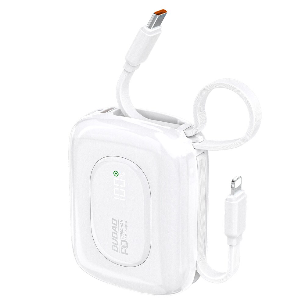Dudao Powerbank 22.5W 10000mAh med indbygget USB-C og lightning-kabel - Hvid