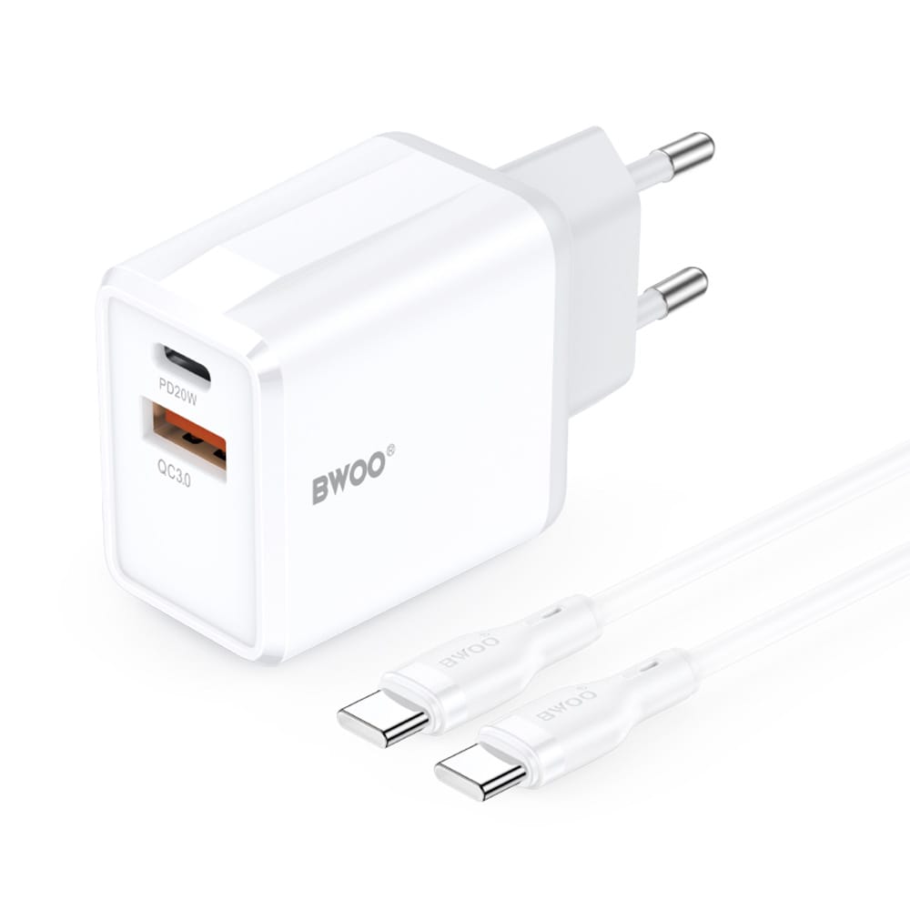BWOO Vægoplader 38W QC med USB og USB-C + USB-C-kabel 1m