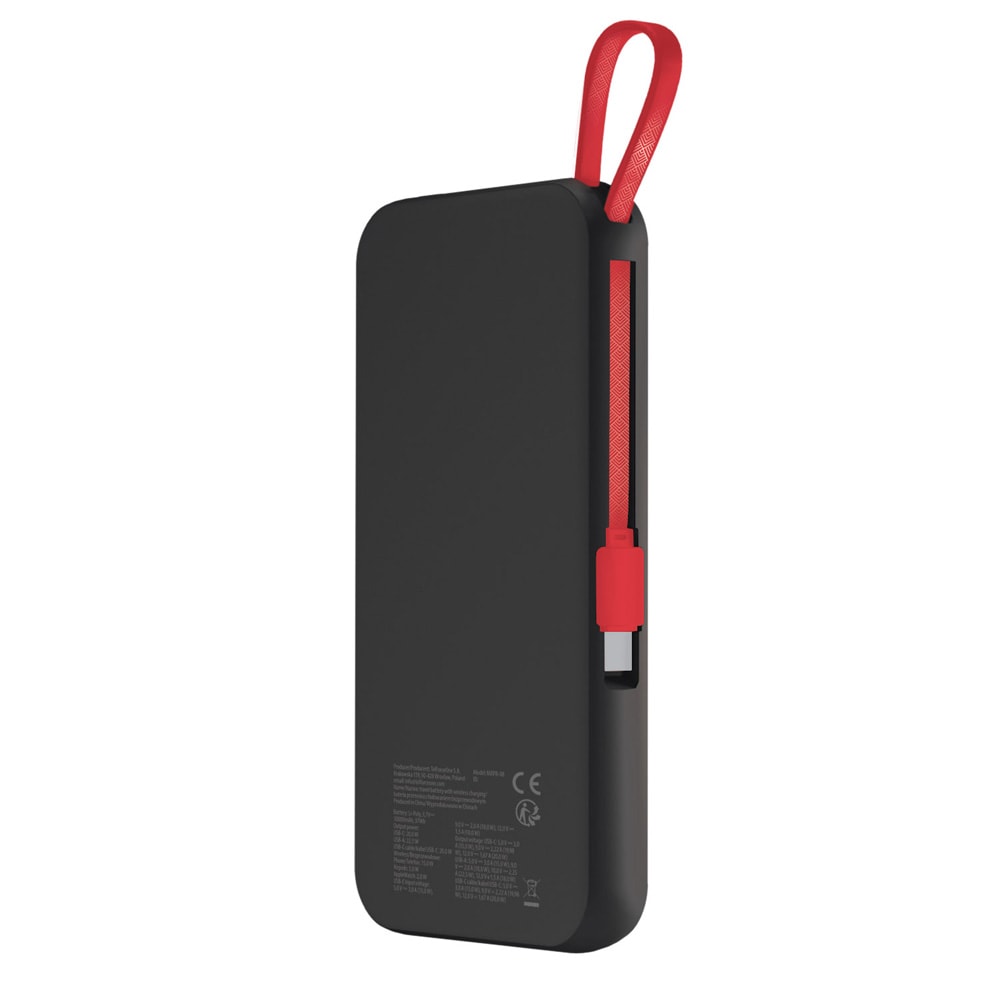 Maxlife Powerbank 10000 mAh med trådløs opladning og indbygget USB-C-kabel