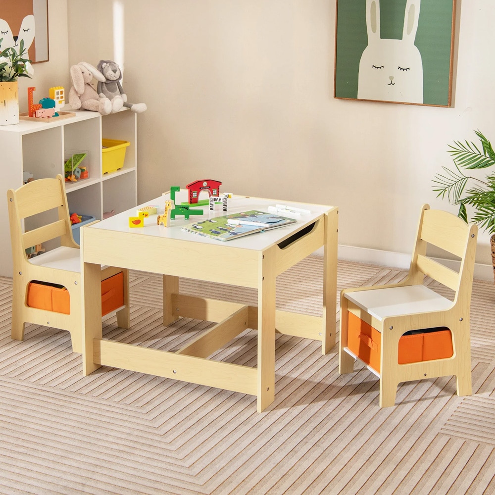 3-i-1 aktivitetsbord med to stole til børn - natur/grå