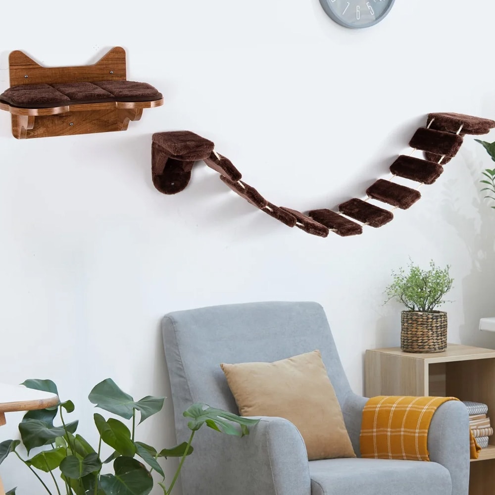 Vægmonteret klatrestige med katteseng - Brun