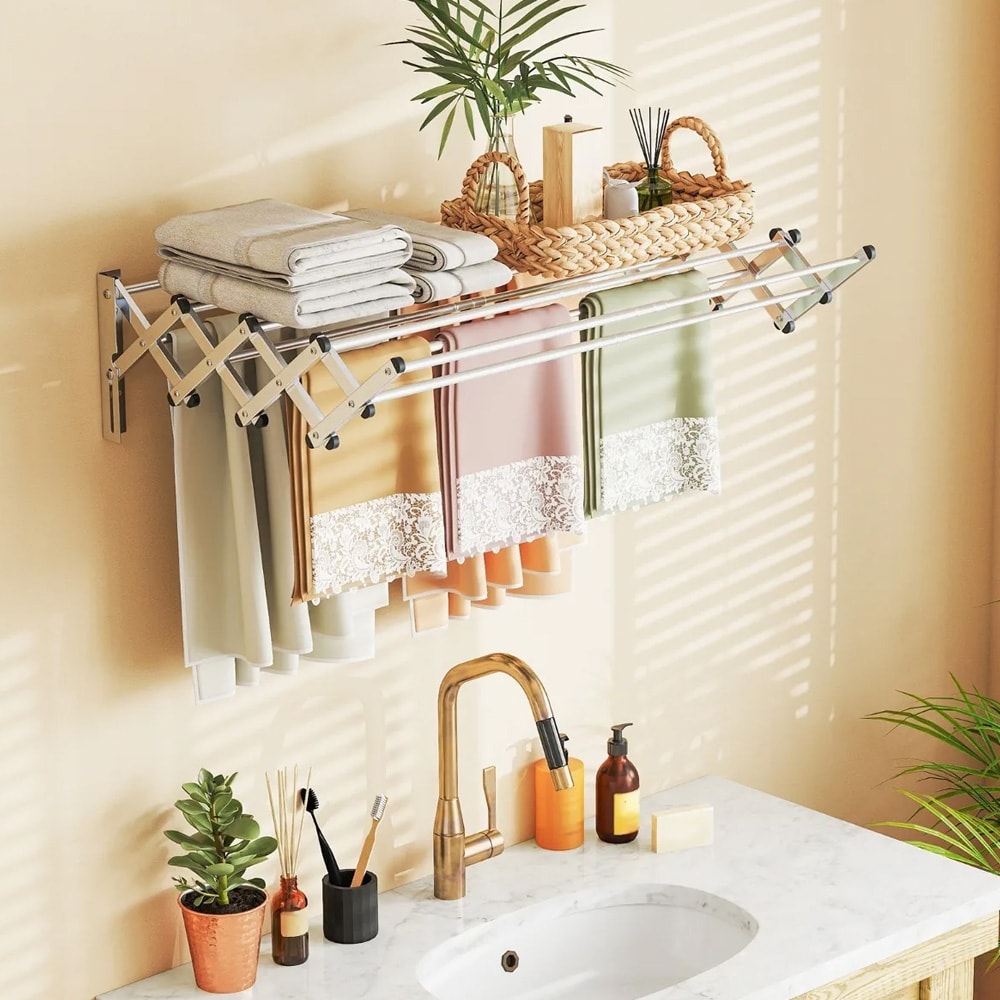 Udtrækkelig væghængt vasketøjsbøjle i rustfrit stål med 8 stænger