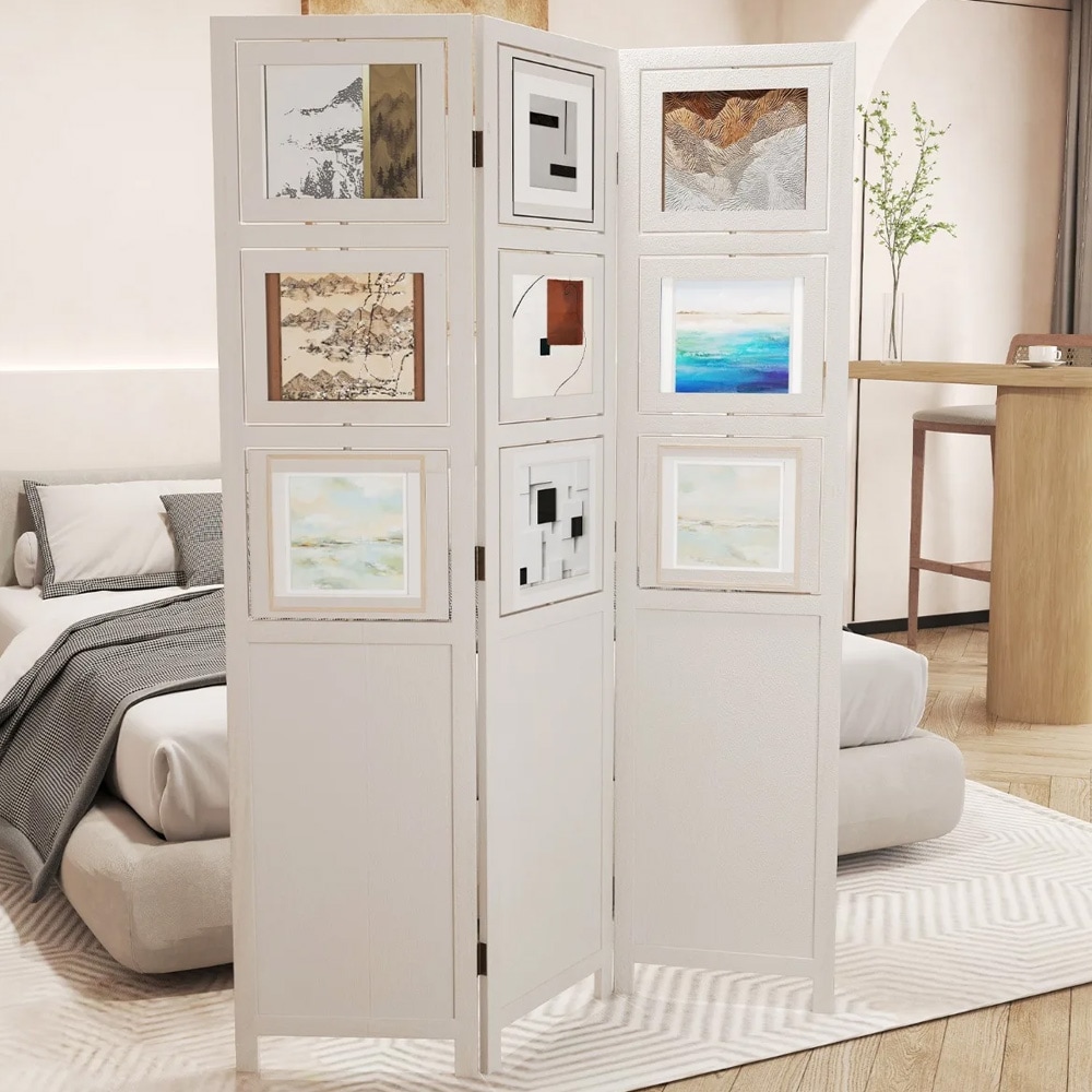 Foldeskærm med 3 paneler og 9 fotorammer – H170 cm, hvid