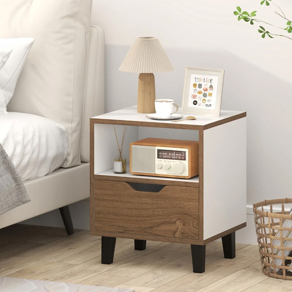 Natbord / sidebord med skuffe og hylde – Natur/hvid