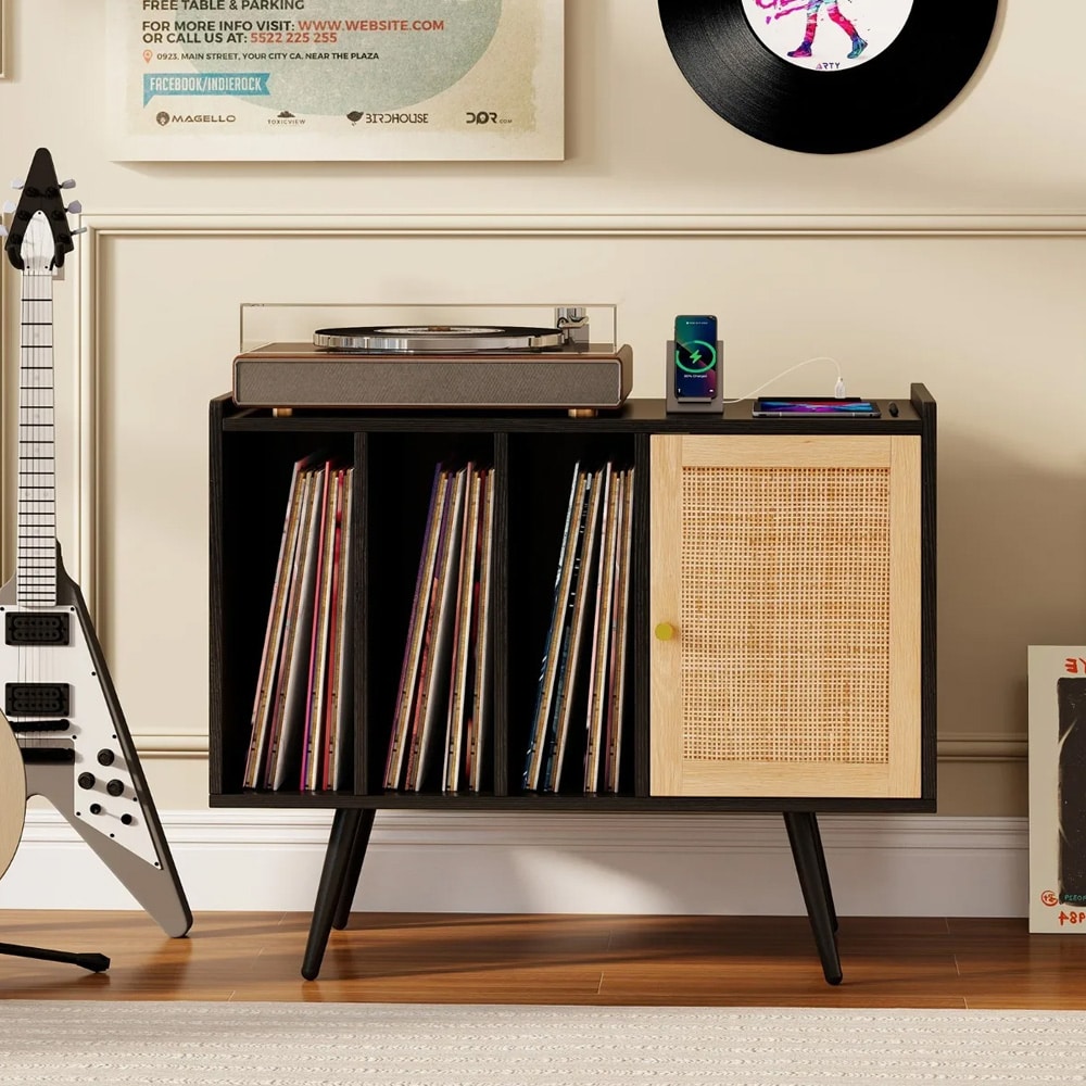 Stereobænk med justerbar hylde til vinyler