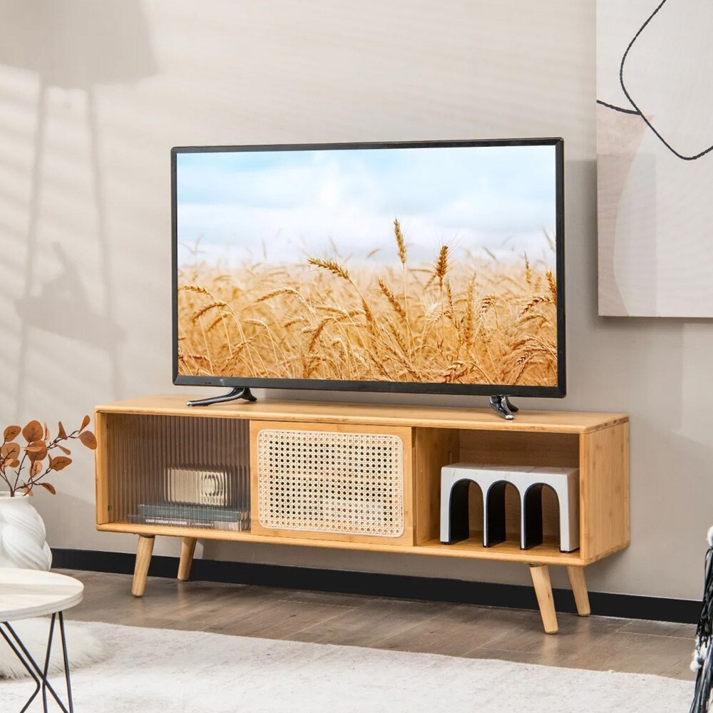 TV-bænk med rattan og glasdøre 120,5x45,5cm