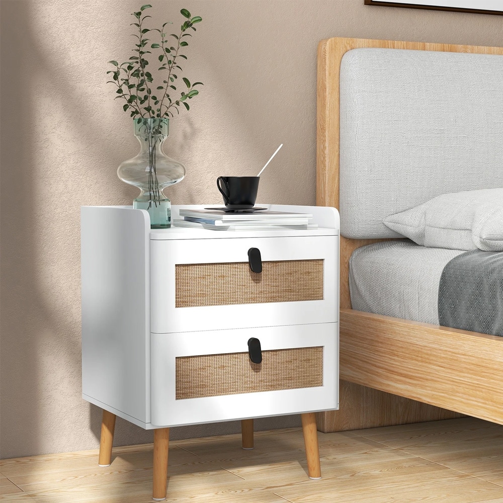Sengebord med 2 skuffer - Hvid/Rattan