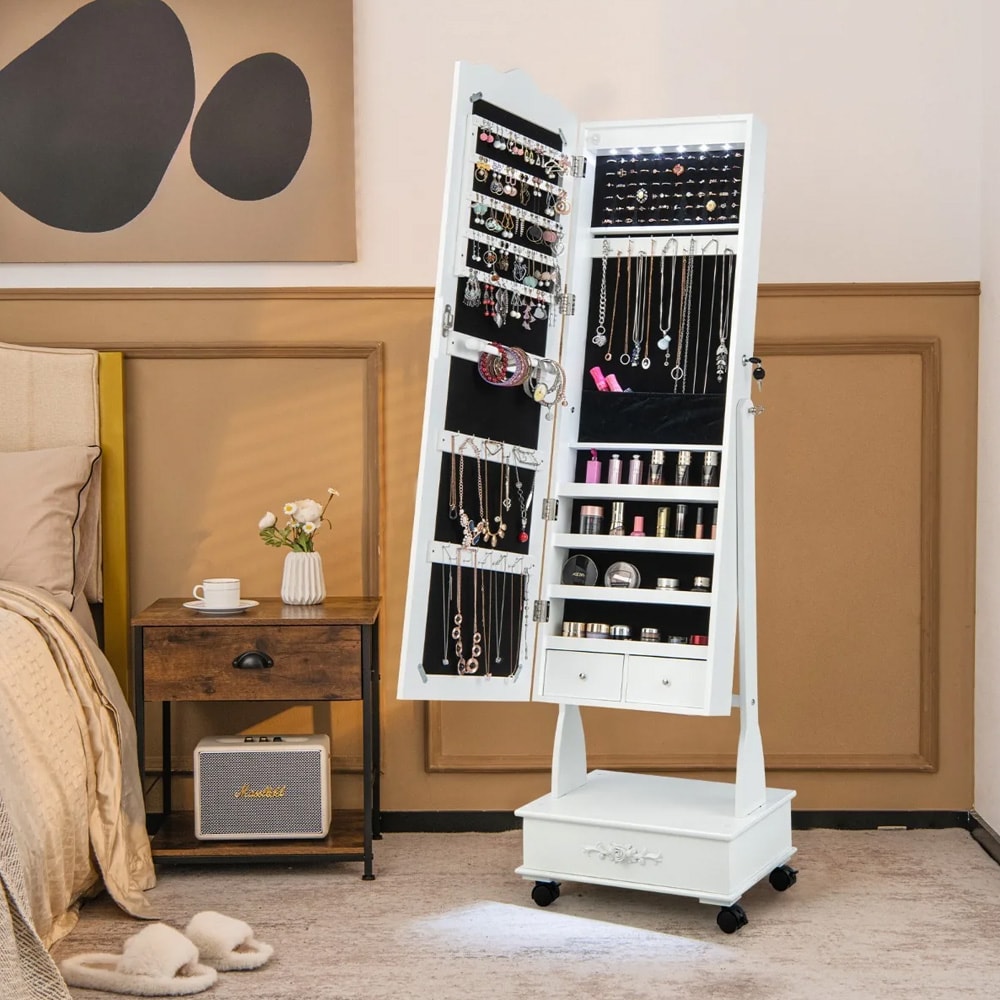 Spejlskab med smykkeopbevaring på hjul med lås, LED-belysning og justerbar hældning