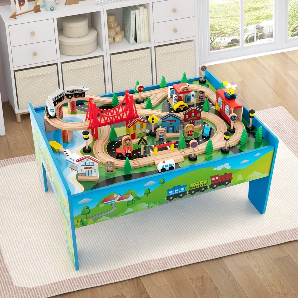 togbane i træ med 80 dele og bord - farverig jernbane til børn
