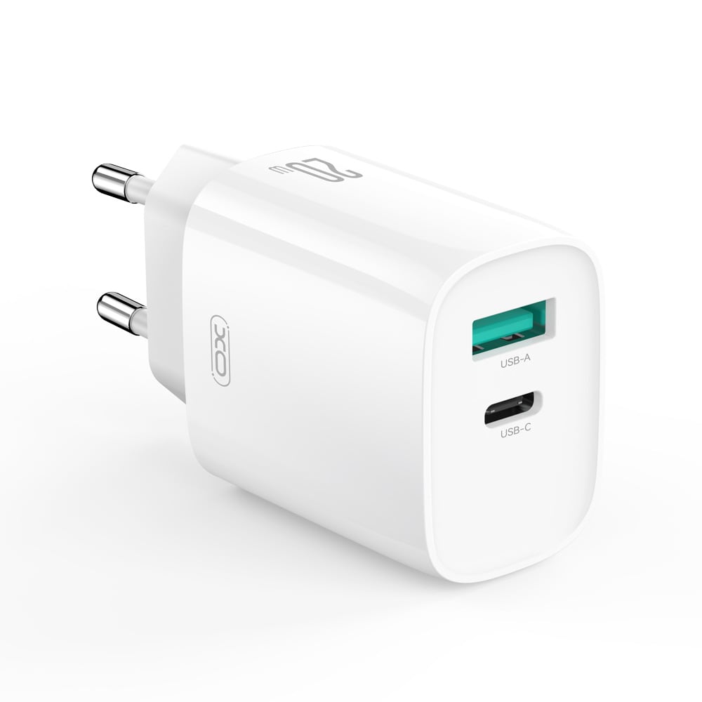 XO Vægoplader 20W PD med USB-C, USB-A og USB-C til Lightning-kabel