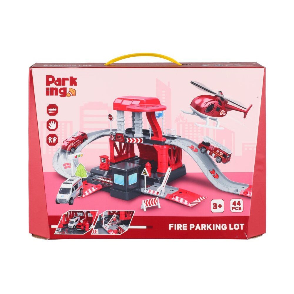 Parkeringshus med brandbil - legesæt med 44 dele