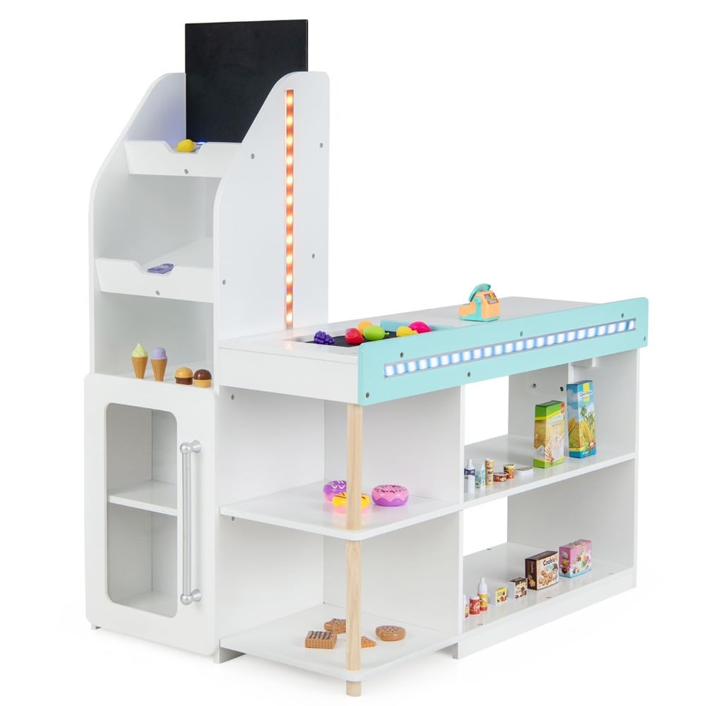 Legetøjsbutik i træ til børn med LED-belysning, indkøbsvogn og 39 stykker tilbehør - Hvid