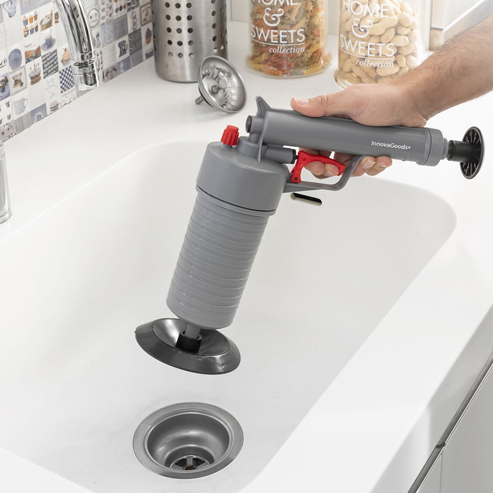 Trykluftpistol til afløbsrensning med universaladaptere og kemikaliefri rengøring