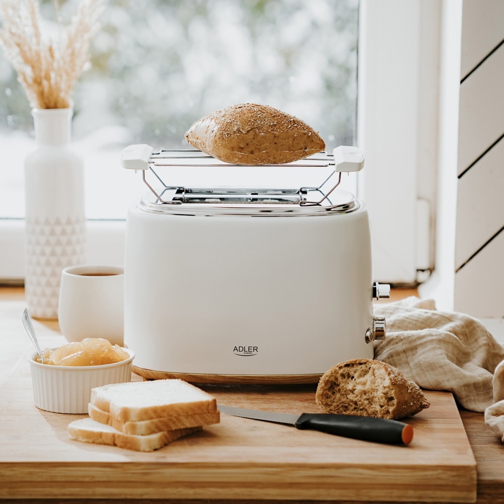 Brødrister med brødhylde, 6 ristningsniveauer og kompakt design - Hvid