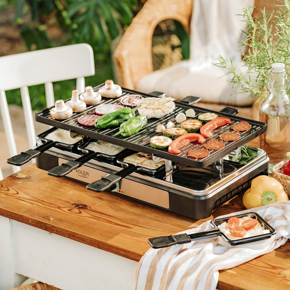 Raclette - Elektrisk bordgrill med dobbelt grillplade og 8 raclettepander