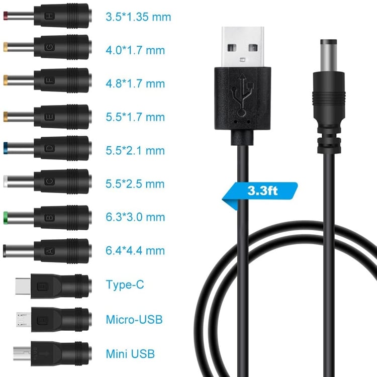11i1 strømkabel med USB og 11 forskellige adaptere til 5V-enheder