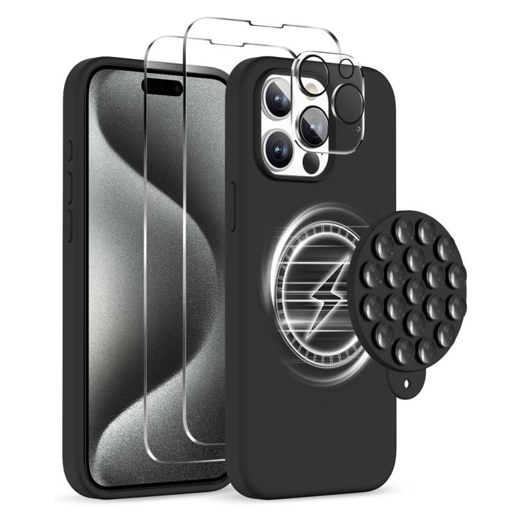 Etui med Magsafe og sugekop + skærm- og linsebeskyttelse til iPhone 15 Pro - Svart
