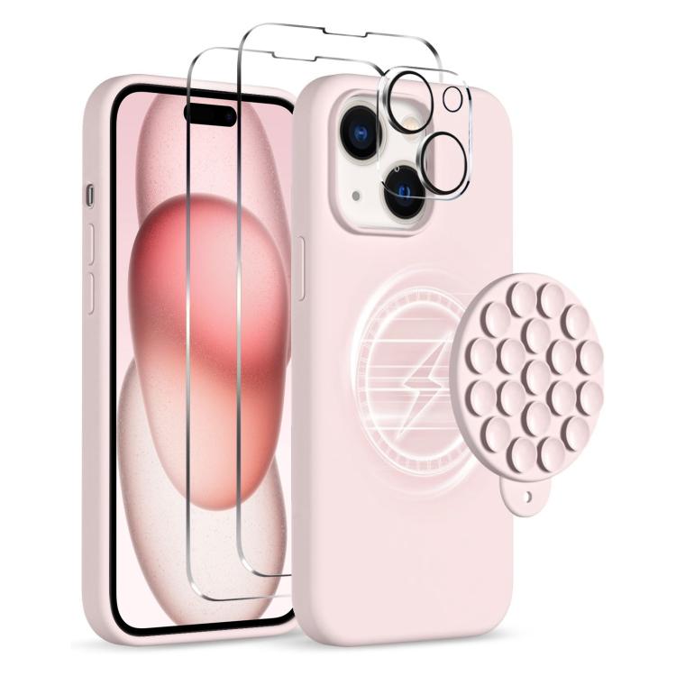Skal med Magsafe og sugekop + skærm- og linsebeskyttelse til iPhone 15 - Pink