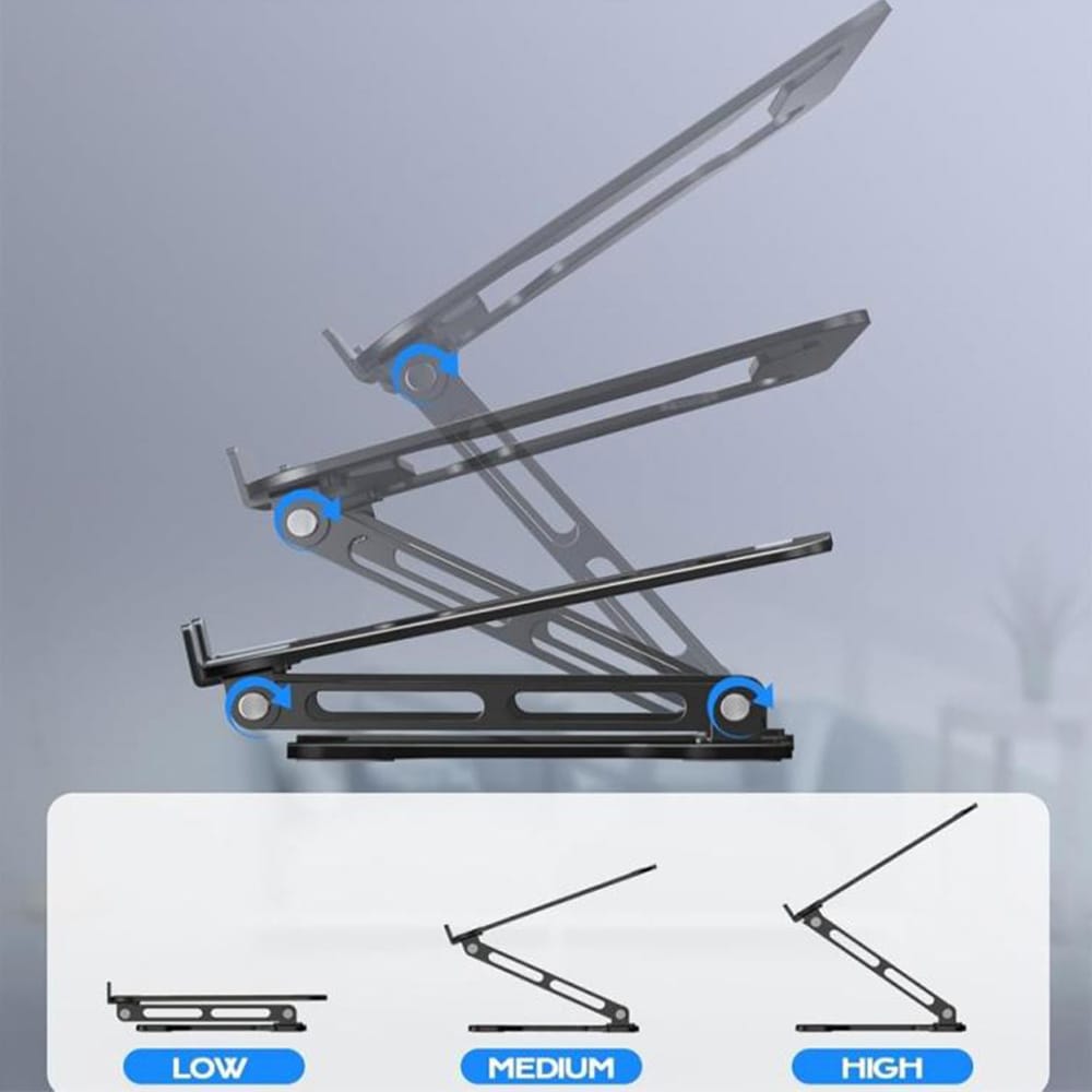 Justerbart laptopstativ i metal med sammenklappelig konstruktion