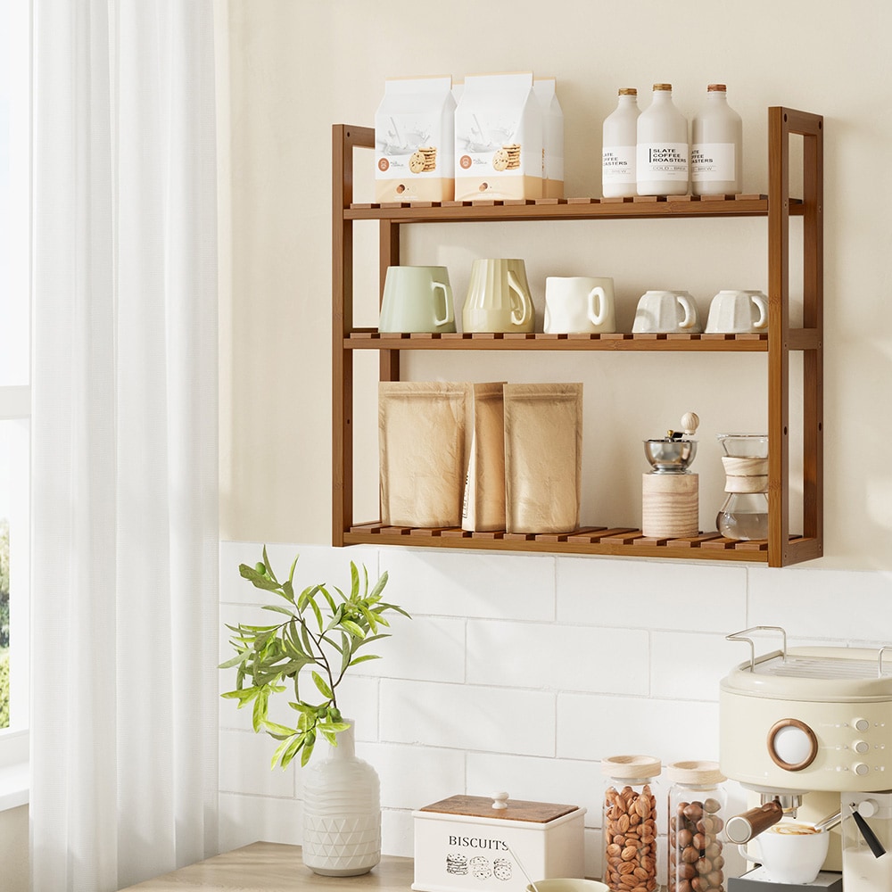 Væghængt badeværelseshylde i bambus 42 x 15 x 42 cm med tre hylder