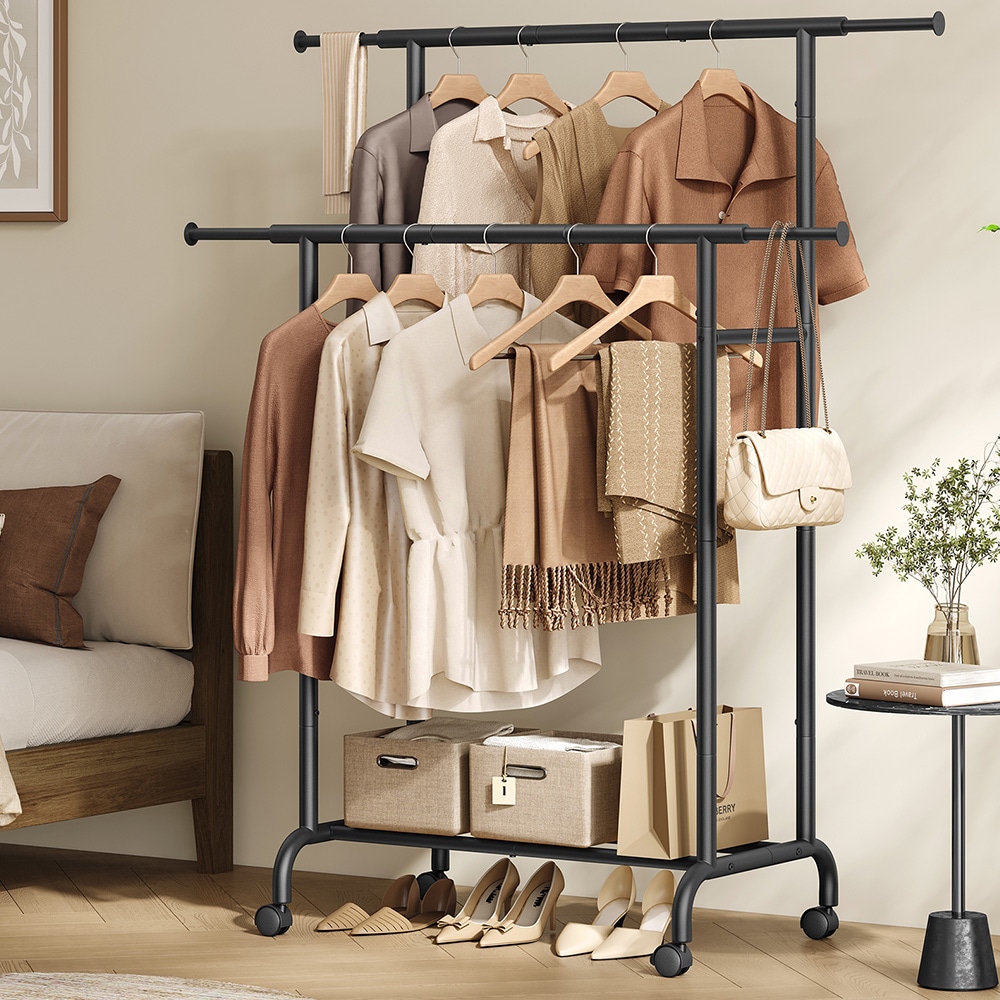 Tøjstativ 83-120 cm med hjul og udtrækkelige bøjlestænger - Sort