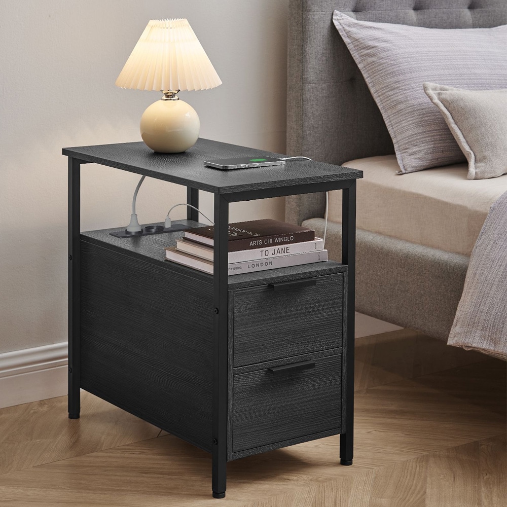 Sidebord med 2 skuffer og indbygget stikkontakt - Sort