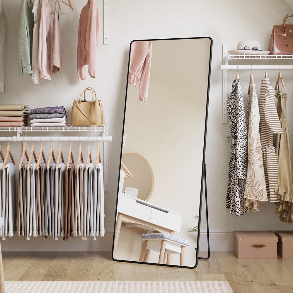Spejl i fuld længde 165 x 60 cm med stativ og Sort aluminiumsramme