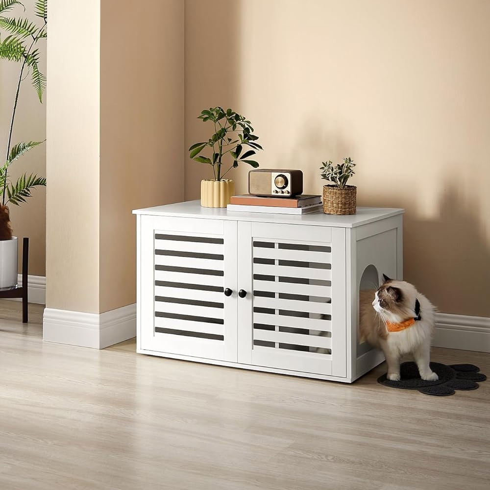 Overdækket kattebakke i møbelstil med aftagelig skillevæg - hvid