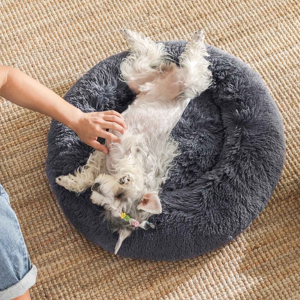 Rund plyshundeseng med aftagelig pude i midten, 60 cm i diameter - Grå