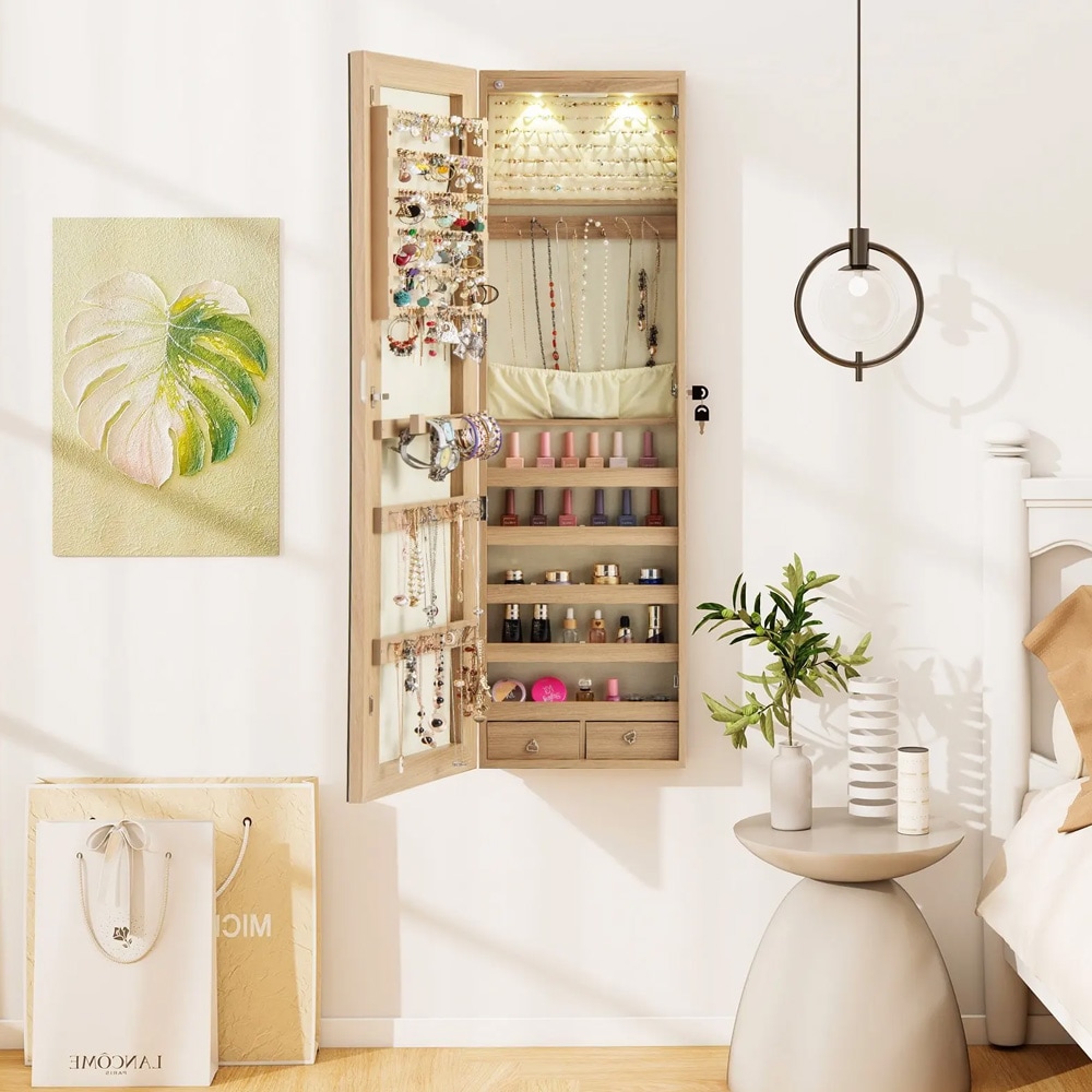 Smykkeskab med spejl og LED-belysning til væg eller dør 120x35,5cm - Beige