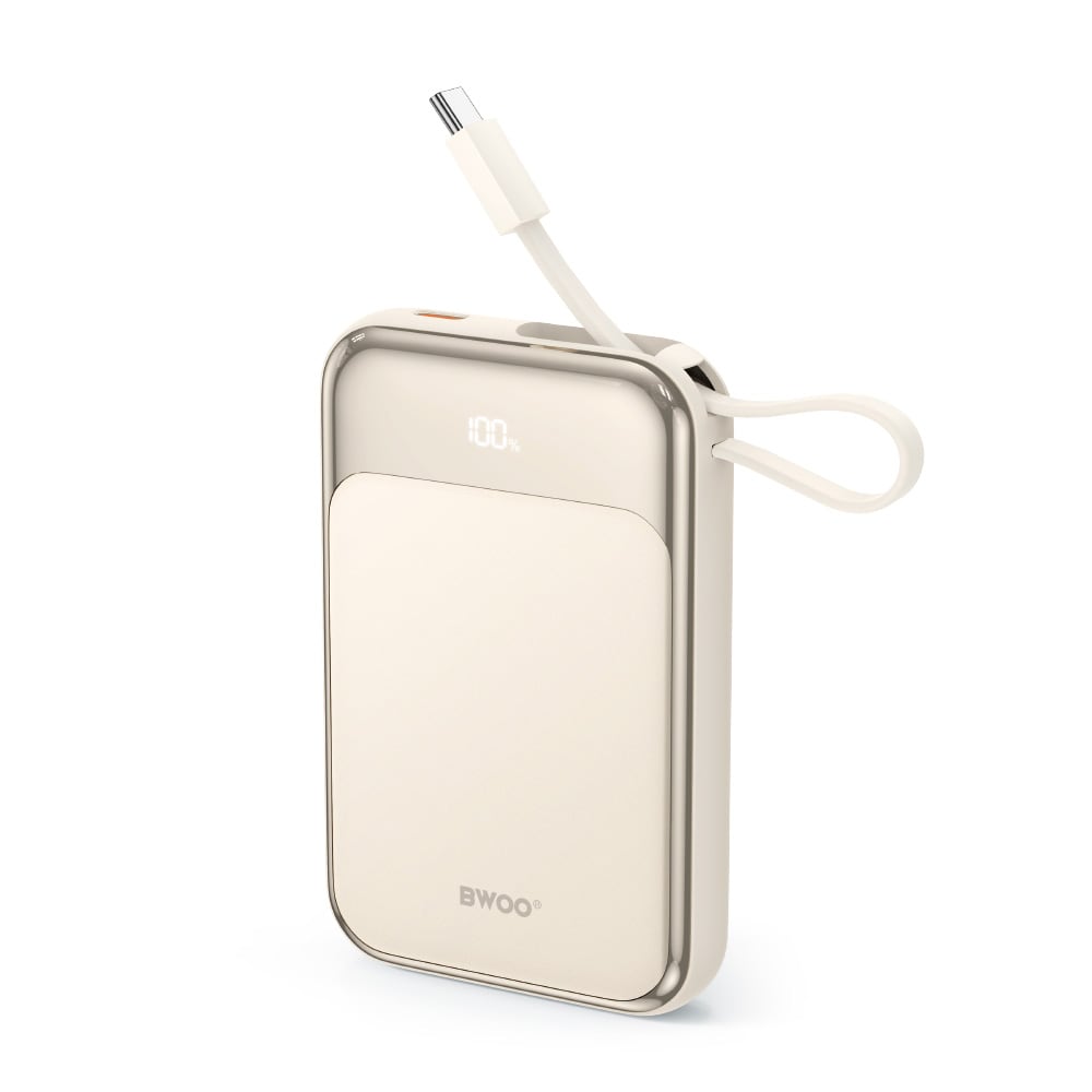 BWOO 10000mAh Powerbank PD 20W med indbygget USB-C-kabel - Guld