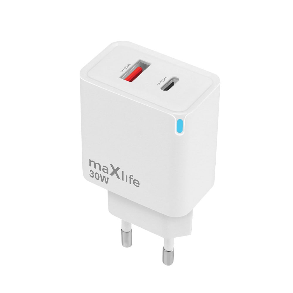 Maxlife GaN-oplader med PD QC 1xUSB-C 1xUSB 30W - Hvid