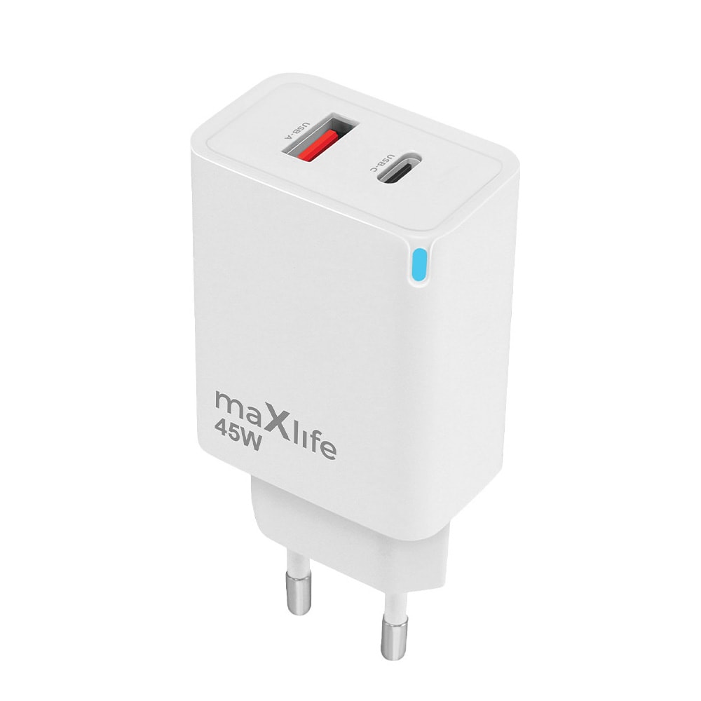 Maxlife GaN-oplader med PD QC 1xUSB-C 1xUSB 45W - Hvid