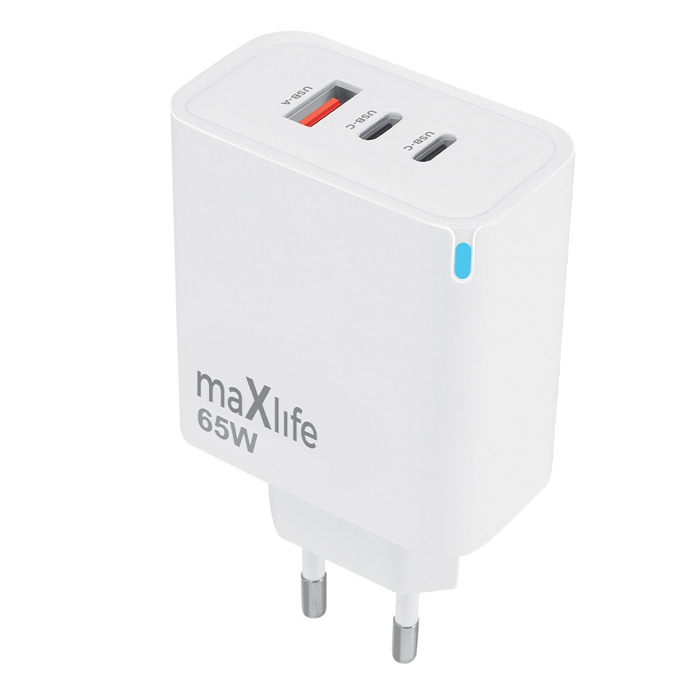 Maxlife GaN-oplader med PD QC 2xUSB-C 1xUSB 65W - Hvid