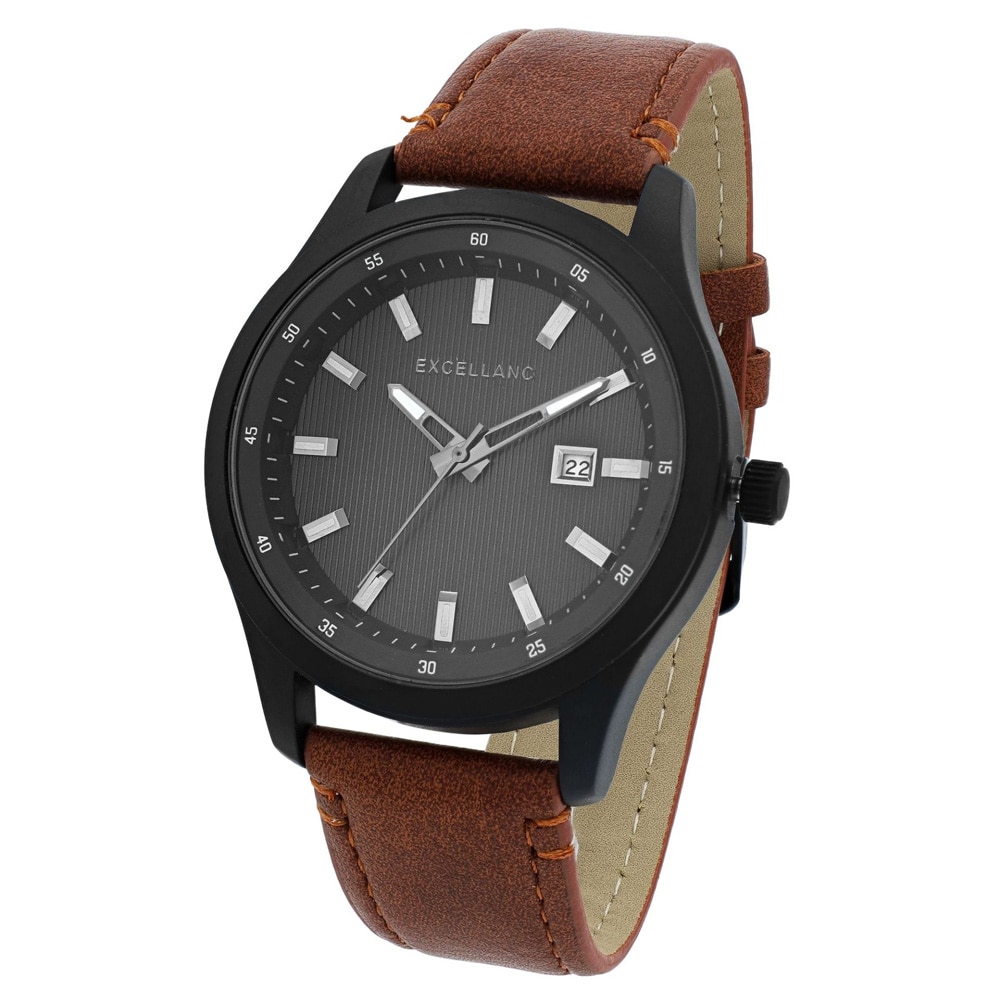 Excellanc Herreur 44 mm – sort med brun kunstlæderrem