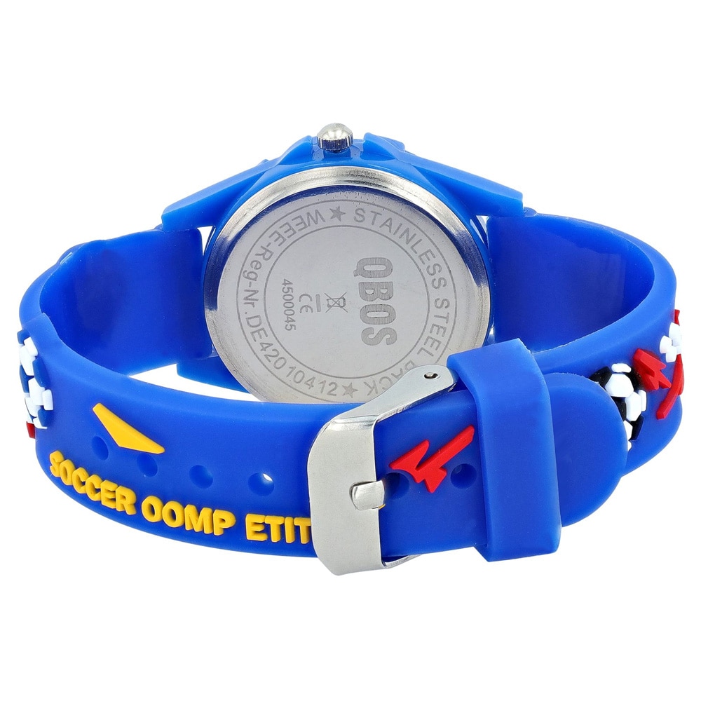 QBOS børneur med silikonerem / blåt armbåndsur med fodboldmotiv