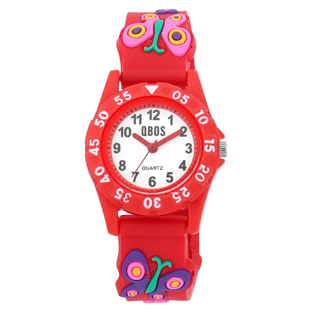 QBOS børneur med silikonerem / Rødt armbåndsur med sommerfuglemotiv