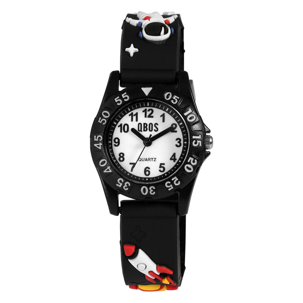 QBOS børneur med silikonerem / Sort armbåndsur med rummotiv