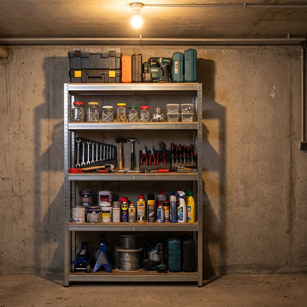 Metalreol med 5 hylder – lagerreol / opbevaringsreol til garage og kælder