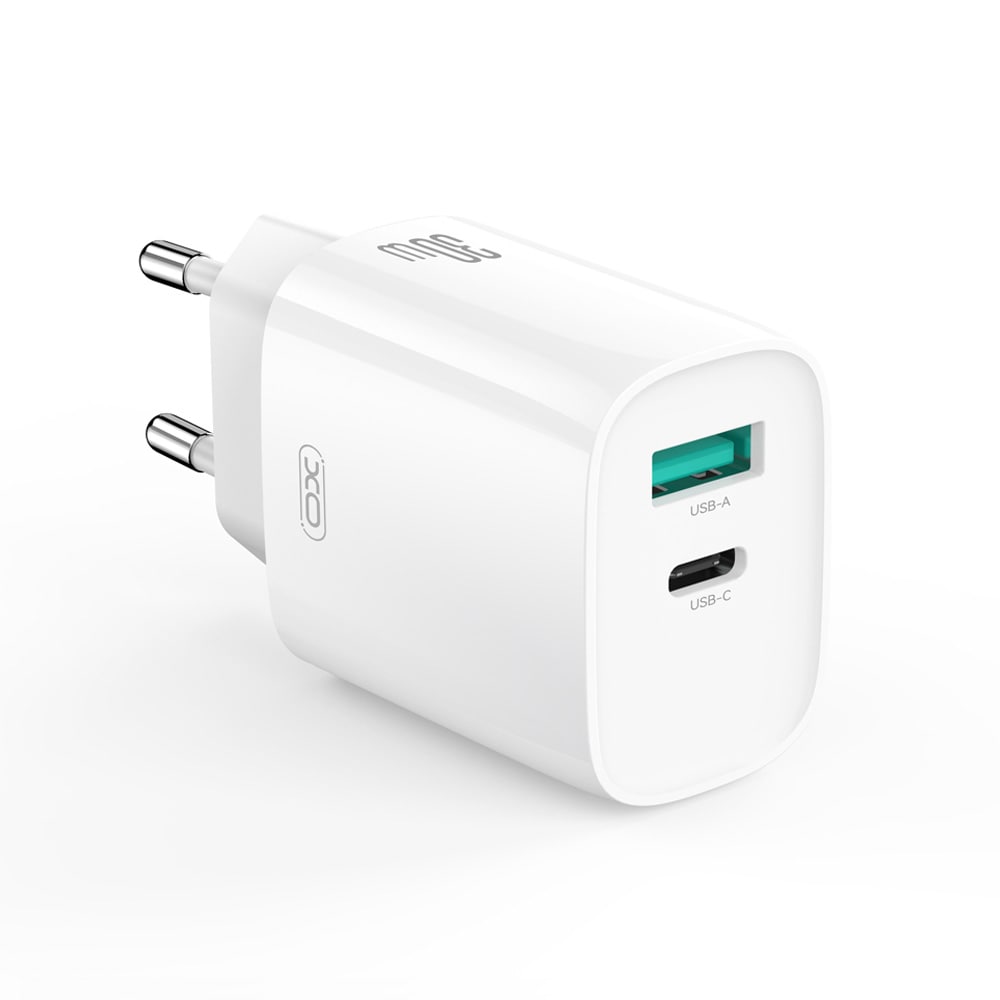 XO CE30 hurtigoplader 30W – USB-C PD / USB-vægoplader med Lightning-kabel