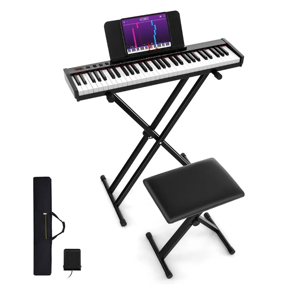 Digitalt keyboard med 61 tangenter / elklaver med Bluetooth MIDI, stativ og skammel