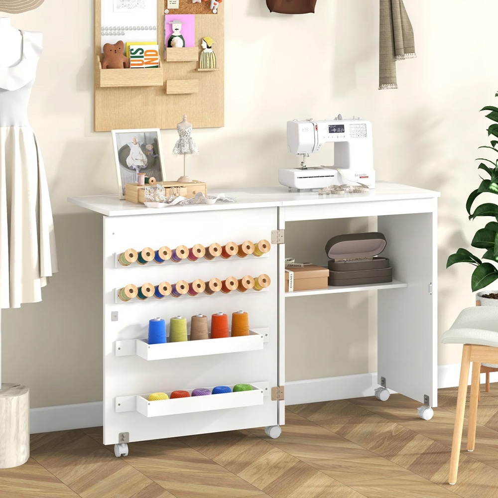 Syskab med opbevaring og hjul / Sammenklappeligt sybord – Hvid