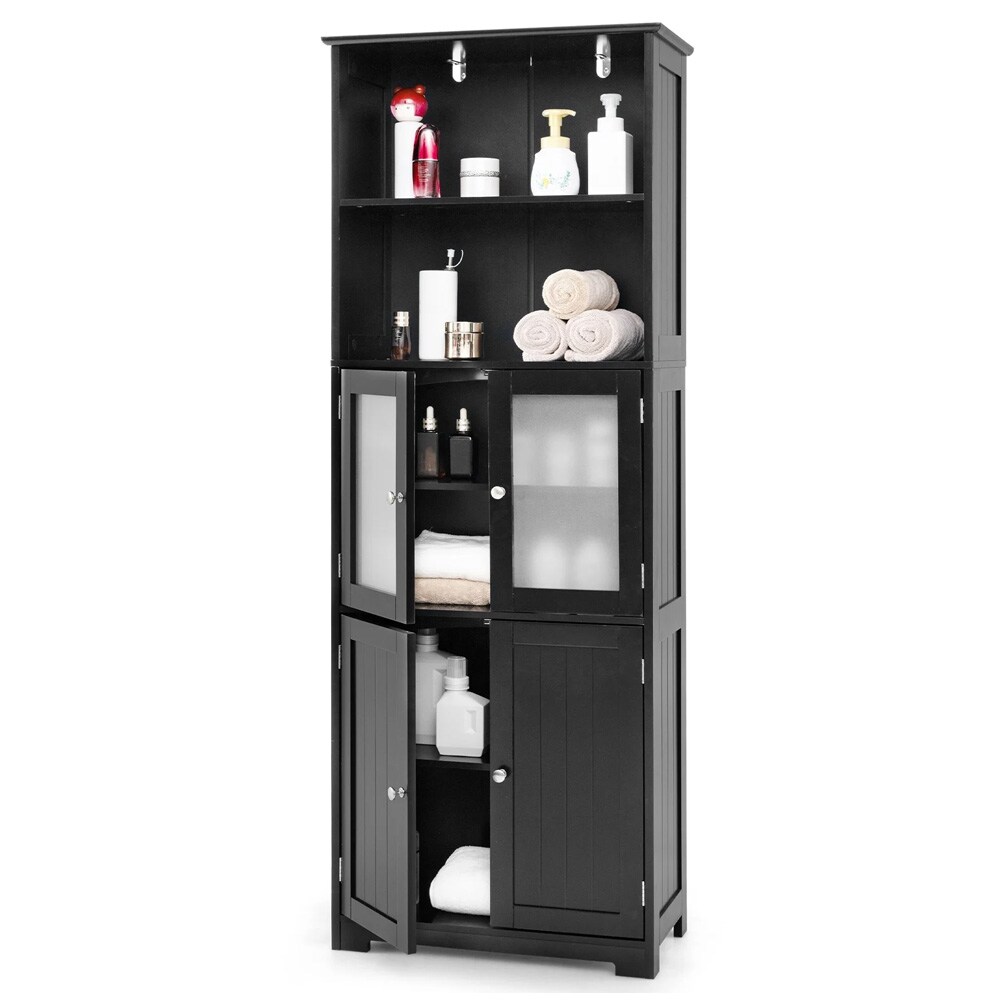Badeværelsesskab / Højskab med glaslåger / Opbevaringsskab 6 niveauer – Sort
