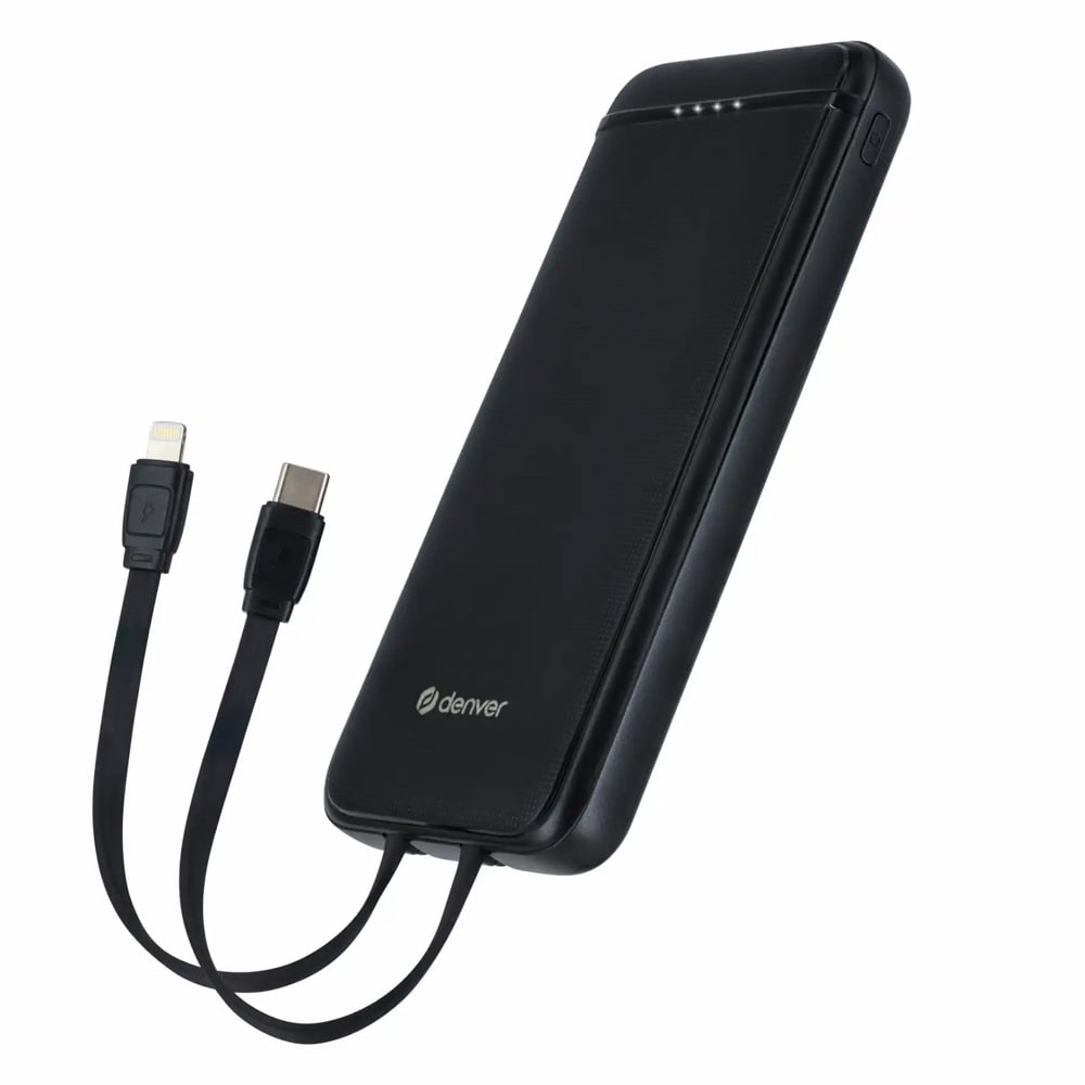 Denver Powerbank 10000mAh med indbygget USB-C og belysningskabel