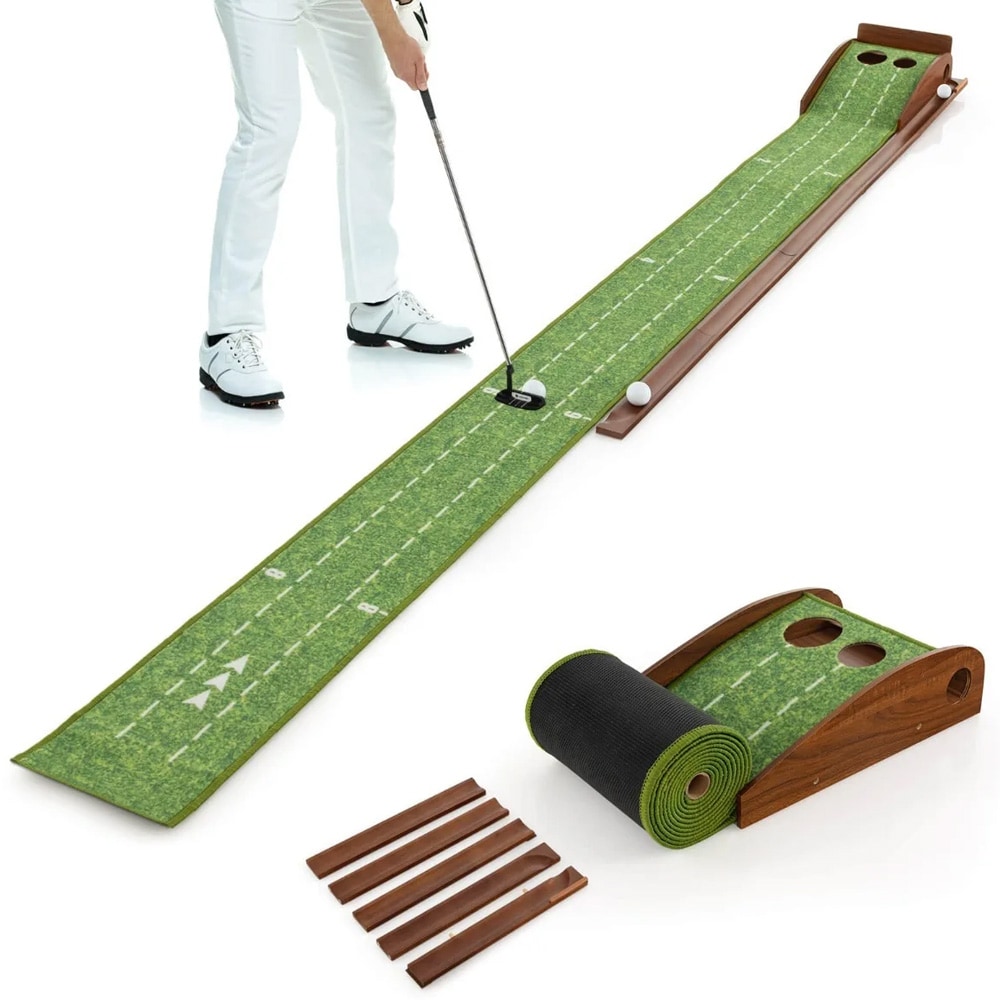 Puttingmåtte golf 3 m med boldretur – golftræningsmåtte med 2 hulstørrelser