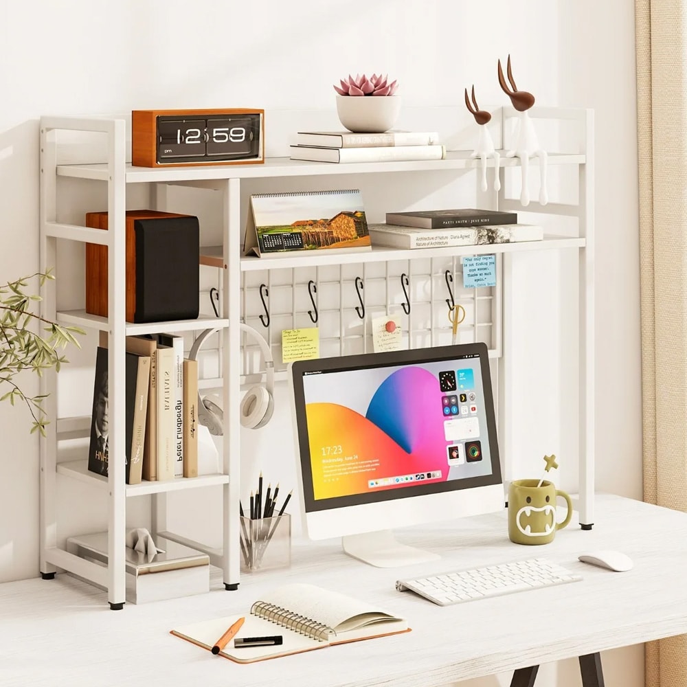 Hvid skrivebordshylde - skærmstativ, skrivebordsorganisering og opbevaringshylde