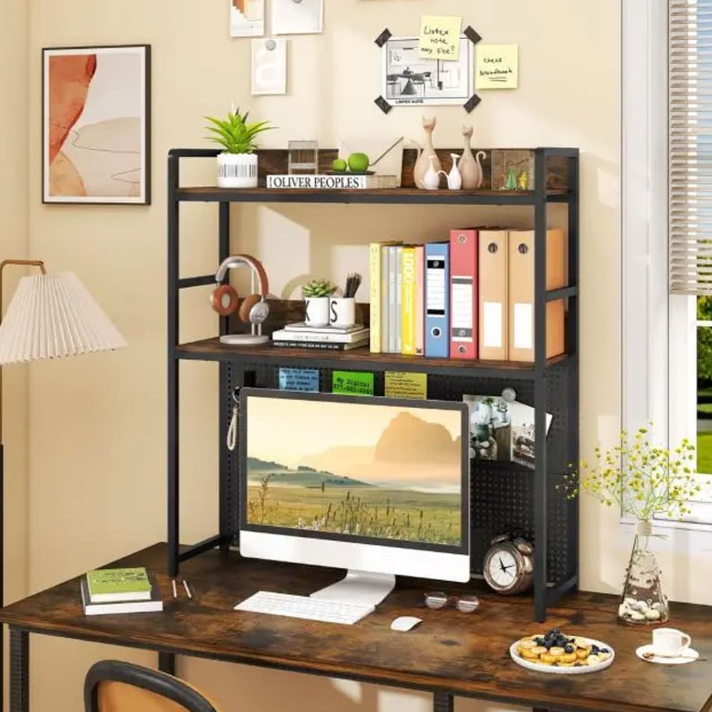 Skrivebordshylde / skærmhylde / reol til skrivebord i brun/sort